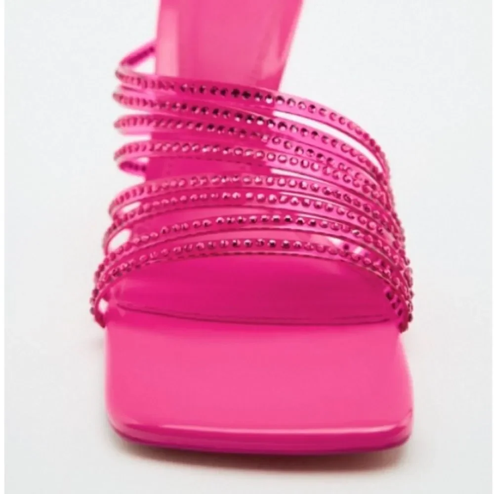 Zara Vinyl Pink Rhinestone Squared Toe High Heels Dress Sandals Shoes Size 8 - Picture 6 of 13